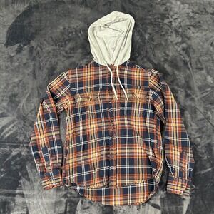American Republic Hooded Flannel Shirt Mens Small Orange‎ Navy Plaid Button Up